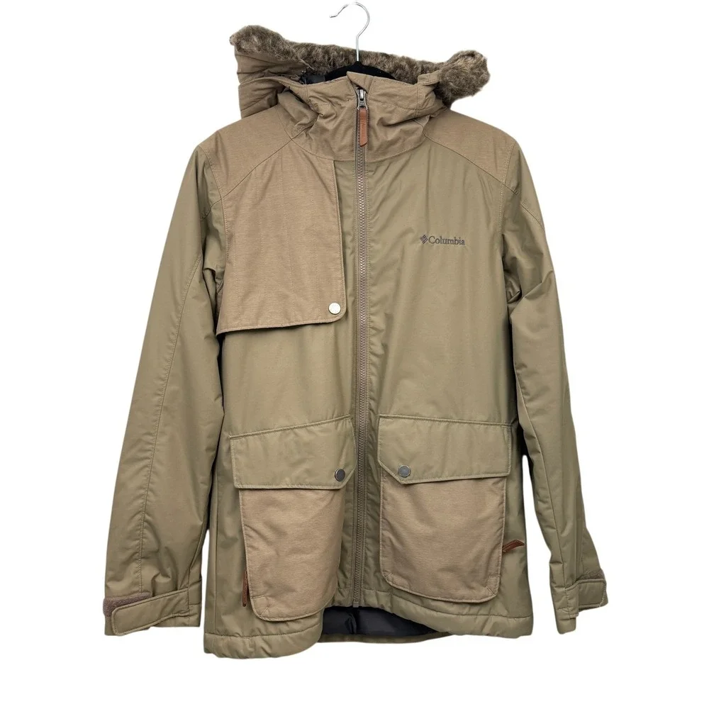 Columbia Omni-Tech Women's Tan Faux Fur Hooded Waterproof Ski Snow Jacket Size S